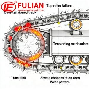 over tensioned tracks cause top roller failures and accelerate bottom roller wear
