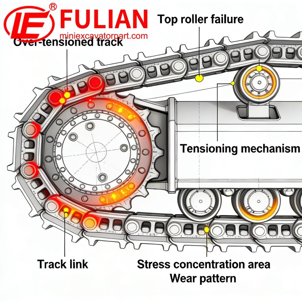 over tensioned tracks cause top roller failures and accelerate bottom roller wear